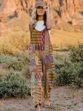 Double Take Full Size Printed V-Neck Sleeveless Jumpsuit Camel OutfitFlow